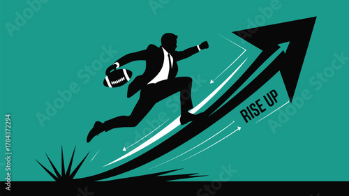Dynamic business vision of growth and ambition featuring a suited athlete running with football symbolizing strategy leading to success and rising up