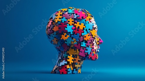 A vibrant puzzle head symbolizes creativity and the complexity of thoughts. Each piece represents uniqueness and connection. Embrace the art of imagination. Generative AI