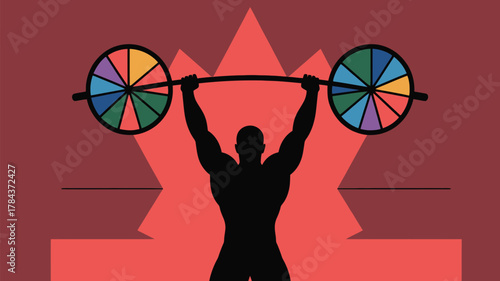 Silhouette of powerful weightlifter with colorful weights showcasing strength, determination, and vibrant fitness on a red background art