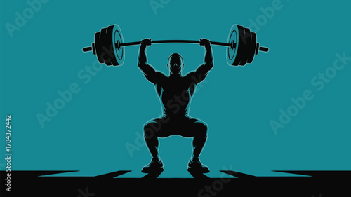 Dynamic silhouette of powerful weightlifter doing squat exercise, perfect for fitness brands and athletic apparel marketing materials