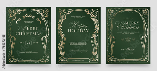Elegant Christmas Flyer Poster Template & Invitation in Luxury Green & Gold Hue with Vintage Art Nouveau Style Frame Border for Christmas Invite, Flier & Background Layouts