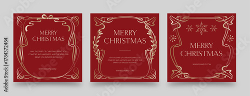 Elegant Christmas Flyer Poster Template & Invitation in Luxury Red & Gold Hue with Vintage Art Nouveau Style Frame Border for Christmas Invite, Flier & Background Layouts