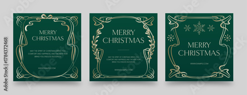 Elegant Christmas Flyer Poster Template & Invitation in Luxury Green & Gold Hue with Vintage Art Nouveau Style Frame Border for Christmas Invite, Flier & Background Layouts
