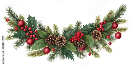 A classic Christmas garland featuring lush green pine branches, bright red holly berries, textured pine cones, and shiny red ornaments creates a festive border.