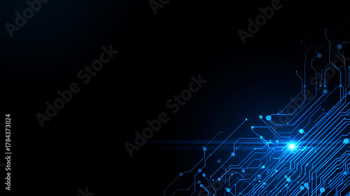 Abstract futuristic circuit board illustration with blue light on dark background concept design