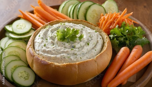 ranch dip served in a bread bowl with cucumbers and carrots on the side