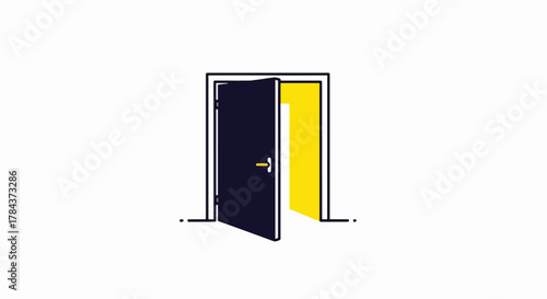 A minimalist illustration of a dark blue door slightly ajar, revealing a bright yellow light from an unseen room, symbolizing opportunity or a new path.