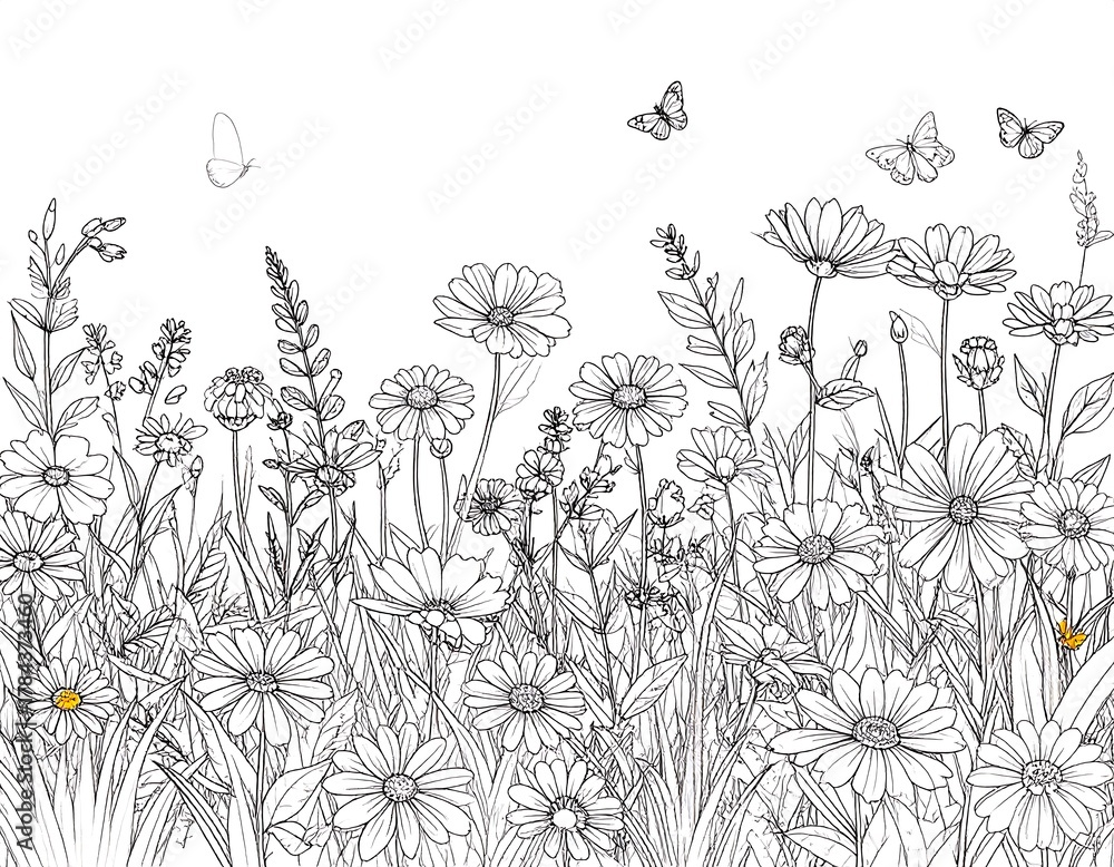 Fototapeta premium A black and white line drawing of a field of daisies, tall grass, and sprigs, with butterflies in flight