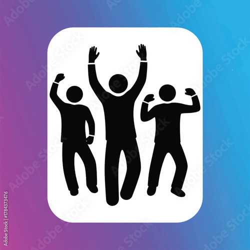 Three people silhouettes are dancing and celebrating with raised arms, in a white rounded rectangle.