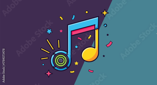 Vibrant and colorful illustration of a musical note with a speaker, surrounded by festive confetti and stars.