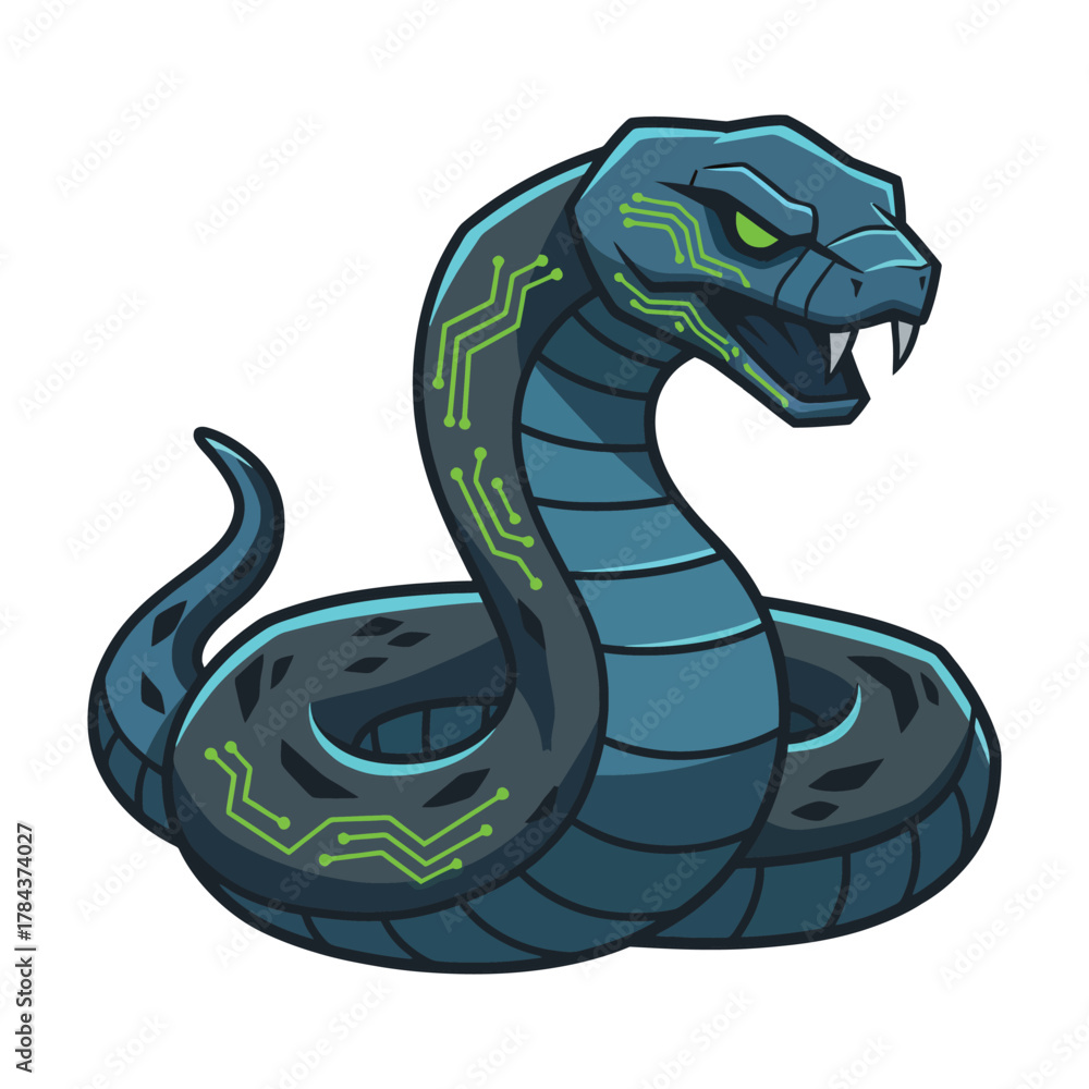 Obraz premium Blue robotic snake with green circuit patterns and glowing green eyes cyber technology