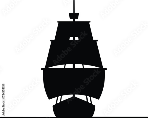 Vector detailed tall ship front view black silhouette illustration