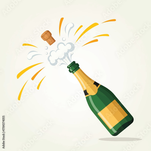 Vector illustration of a champagne bottle popping its cork with a splash for a celebration.