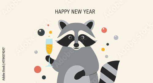 A cute cartoon raccoon holding a glass of champagne, celebrating the New Year with confetti.