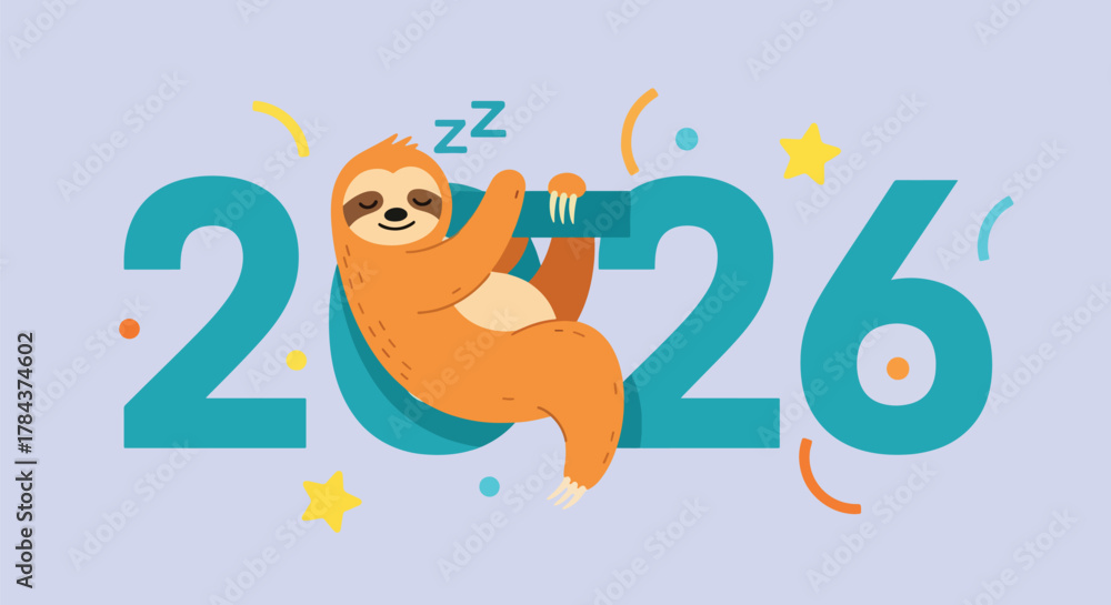 Naklejka premium Illustration of the year 2026 with a cute sloth hanging on the number 2.