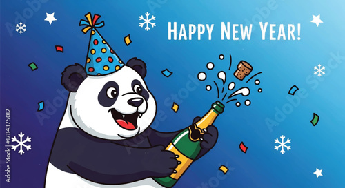 A cheerful cartoon panda wearing a party hat, popping a champagne bottle with confetti flying, celebrating Happy New Year against a blue snowy background.