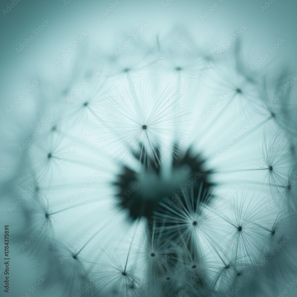 Naklejka premium Close-up macro of dandelion seed head with fine filaments and soft blue-green background vector illustration for nature themes