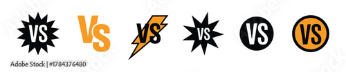 Versus battle logo vector set with six VS icons featuring lightning, starburst, and circular shapes for gaming tournaments, sports matches, and digital competition interfaces