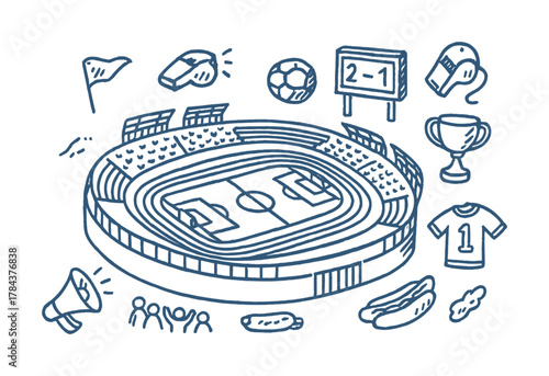 Illustrated soccer stadium: whistle, scoreboard, trophy, shirt, and hot dog icons