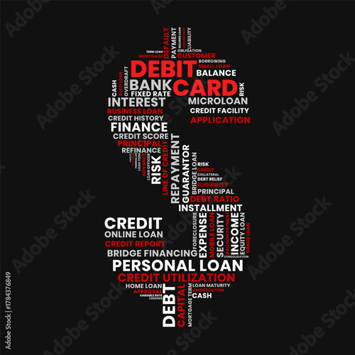 Debit card and credit word cloud shaped like a dollar sign, finance and debt illustration