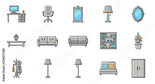 Collection of outline-style furniture icons for interior design, including a computer desk, office chair, decorative mirror, table lamp, sofa, bookshelf, potted plant, coat rack, floor lamp, bed, and