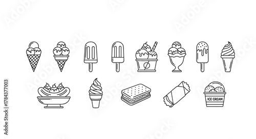 Collection of thin line icons representing various ice cream desserts, including cones, popsicles, sundaes, banana splits, ice cream sandwiches, and tubs, suitable for web, books, cards, and apps
