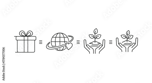 Minimalistic linear illustration depicting a sequence of icons: a gift box, a globe with a heart and orbiting lines, and hands cradling a growing plant, symbolizing charity, environmental care, and