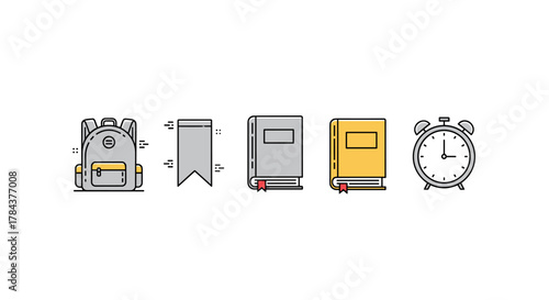 A vibrant and modern collection of line icons representing essential school and college items, including a backpack, bookmark, books, and an alarm clock, perfect for graphic design, websites, and app