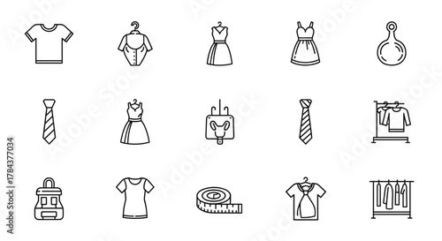 Modern line icon pack for sewing and garments, featuring a diverse collection of linear illustrations including t-shirts, dresses, ties, measuring tape, and clothing racks, perfect for web design
