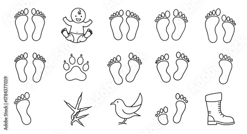 Collection of outline footprint icons, including baby footprints, adult footprints, paw prints, bird tracks, and a boot, perfect for graphic and web design, apps, adverts, and various cards