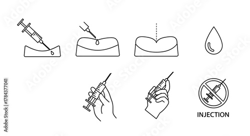 Minimalistic outline icons depicting gingival injection procedures, including syringe insertion into gum tissue, droplet formation, and a syringe held by a hand, alongside a prohibition sign for