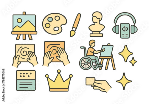 Art and accessibility icons including wheelchair user painting and audio guide