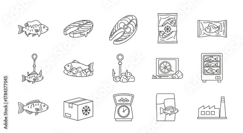 Frozen Fish Line Icon Bundle: A comprehensive collection of outline signs for graphic and web design, apps, adverts, and various cards, featuring vector cartoon illustrations of fish, steaks