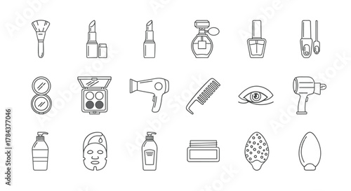 A comprehensive collection of beauty and cosmetic-related line icons, featuring essential items like a makeup brush, lipstick, perfume bottle, nail polish, compact mirror, eyeshadow palette