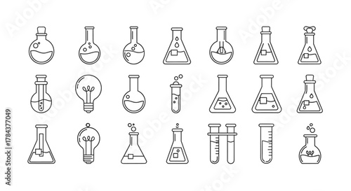 Collection of laboratory glassware and light bulbs in a thin line icon style, perfect for science, education, and technology themes. Editable stroke and suitable for web, books, cards, and apps
