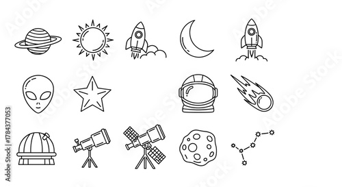 A collection of 12 cosmic-themed line icons, featuring a ringed planet, sun, rocket, moon, alien, star, astronaut helmet, comet, observatory, telescope, asteroid, and constellation, perfect for