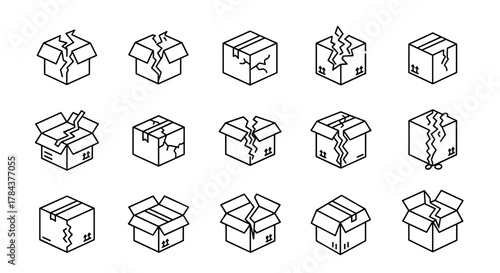 Set of line art icons depicting damaged and broken cardboard boxes, symbolizing shipping issues, delivery problems, and product damage. These versatile graphics are ideal for concepts related to