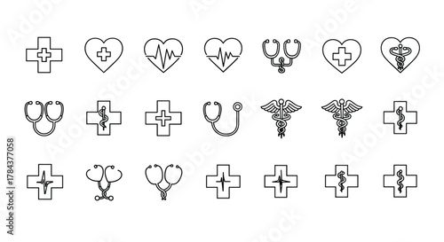 Collection of medical symbols and icons, including hospital crosses, stethoscopes, caduceus, and heartbeats, presented as thin line art with editable strokes, perfect for web, print, and app design