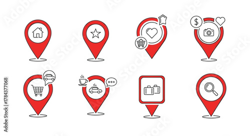 Set of modern map pin location icons, including house, star, heart, shopping cart, camera, dollar sign, car, coffee cup, speech bubble, luggage, and magnifying glass. These clean, ordered line icons