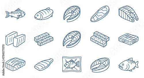 Set of outline icons representing various forms of fish and fish products, including whole fish, steaks, fillets, and packaged fish, presented in a clean, modern vector cartoon illustration style on