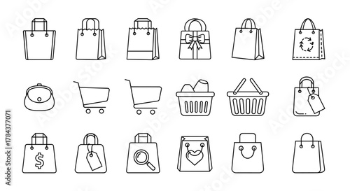 A diverse collection of thin line icons representing various shopping bags, gift bags, shopping baskets, and trolleys, perfect for graphic design, web development, app interfaces, and advertising