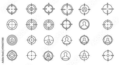 Collection of simple, editable stroke sniper target and aim icons, perfect for infographics, articles, books, flyers, and banners, presented as a vector cartoon illustration with various reticle