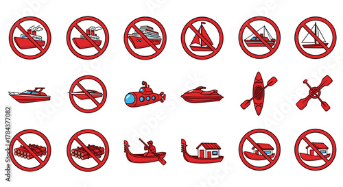 Collection of red prohibited symbols with various watercraft and water-related items, including ships, sailboats, yachts, submarines, jet skis, kayaks, paddles, logs, and houseboats, isolated on a