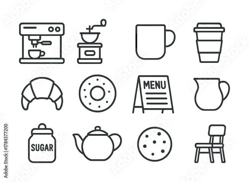 Coffee shop essentials icons set with menu, mug, and pastries