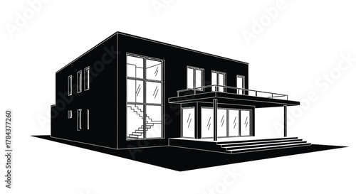 Modern house design black and white architectural rendering view