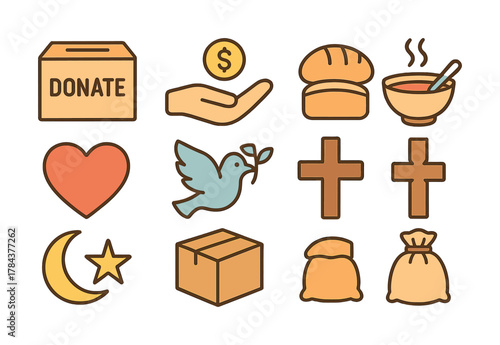 Charity icons: donation, food, religion, love, peace, and community symbols
