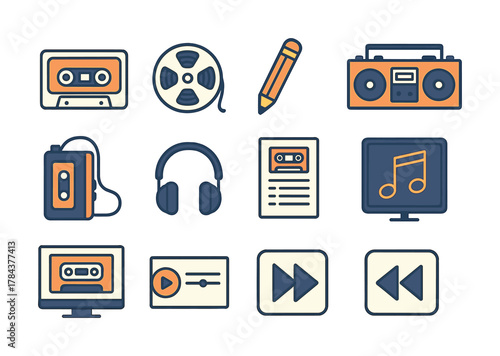 Retro audio icons set: cassette, boombox, headphones, music notes, playback controls