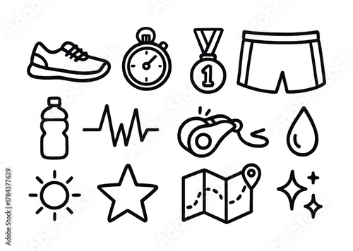 Running and fitness icons set: shoes, stopwatch, medal, shorts, hydration, heartbeat