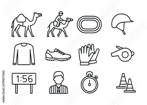 Outline icons of camel racing elements including camels, jockey, track, and equipment