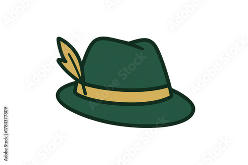 Tyrolean hat symbol with feather and golden band, classic bavarian alpine costume element for oktoberfest celebration